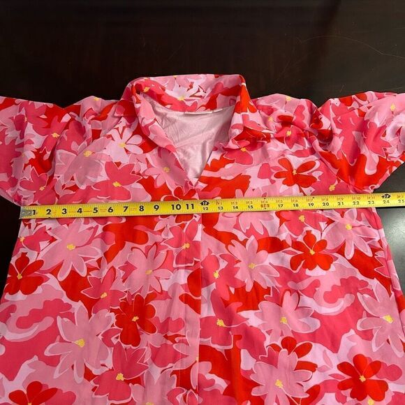 Belle By Kim Gravel Red Pink Abstract Floral Printed V-Neck Blouse Women's Large - Picture 9 of 14
